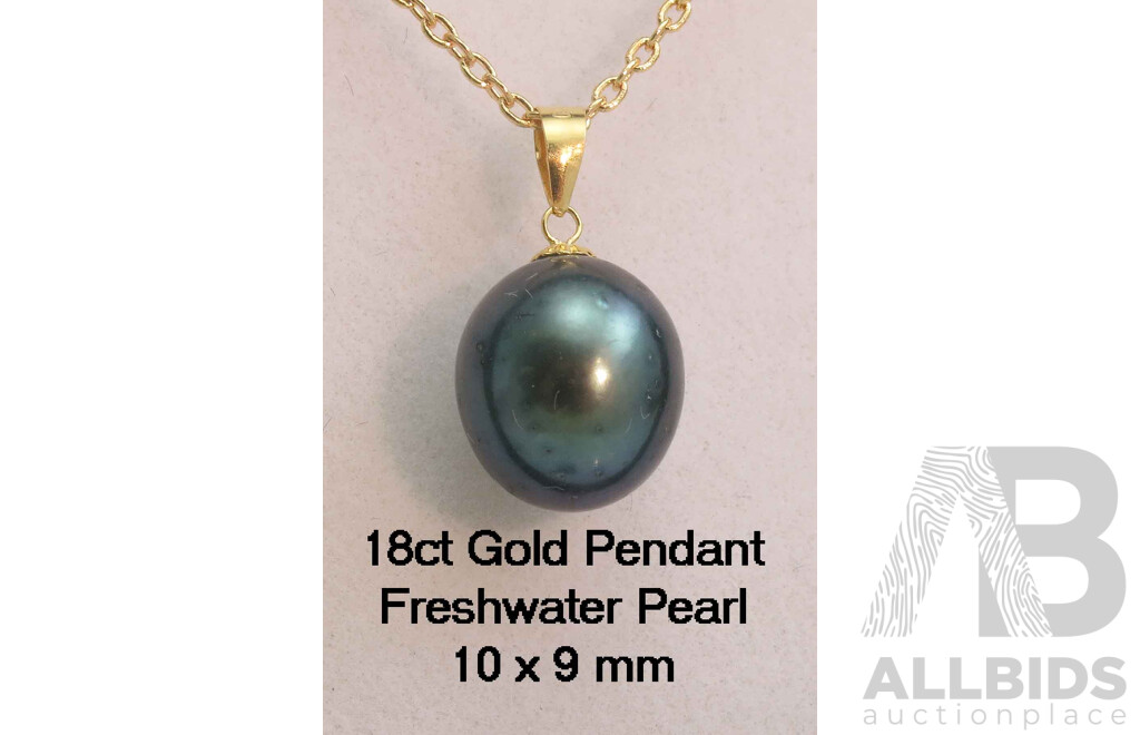 18ct Gold Pearl Pendant - set with Black Freshwater Cultured Pearl
