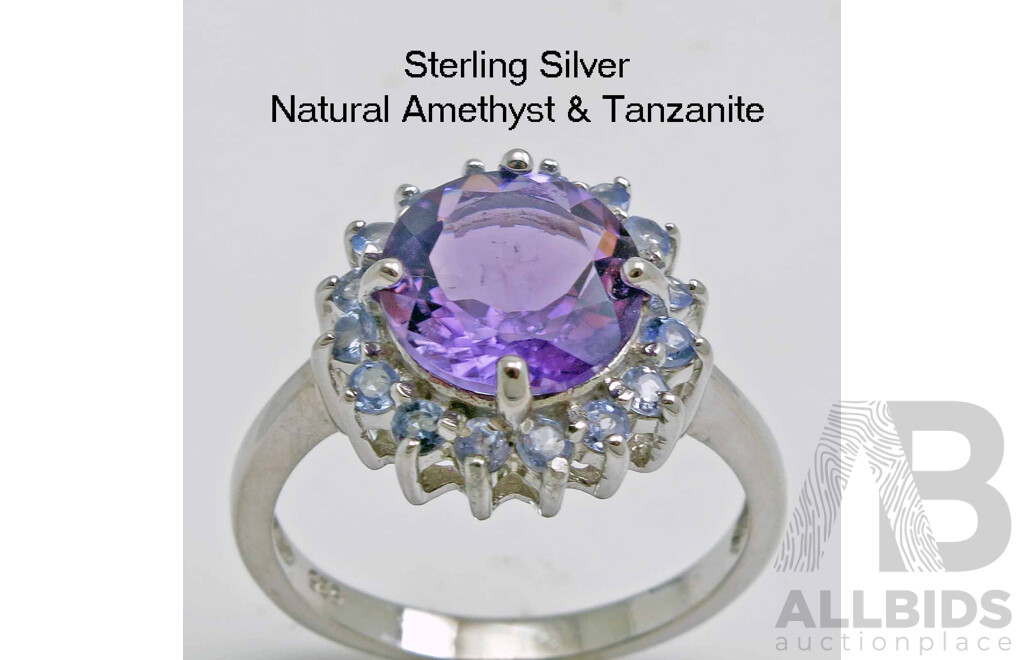 Sterling Silver Cluster Ring - Natural Amethyst & Tanzanites