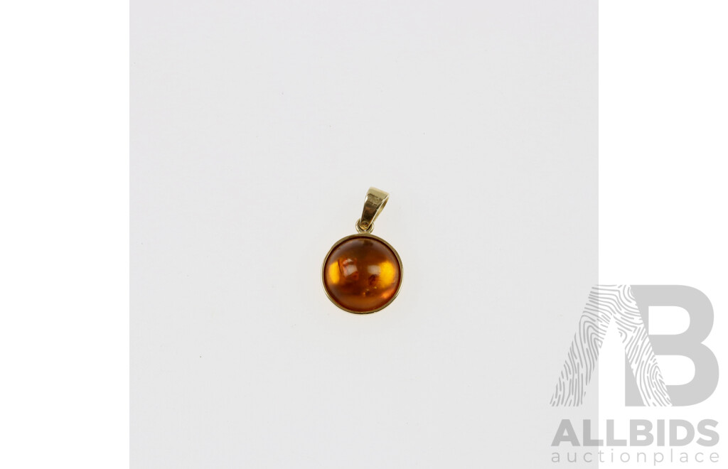 Vintage 9ct Amber Cabachon Pendant with V Bale, 12mm Diameter, 2.61grams, No Hallmarks - Tested
