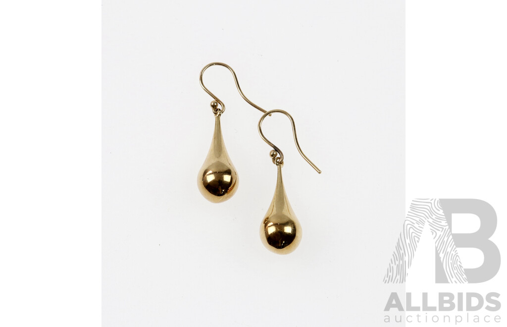 9ct Yellow Gold Tear Drop Design Earrings with Shepherds Hooks, 35mm Long, 1.80 Grams