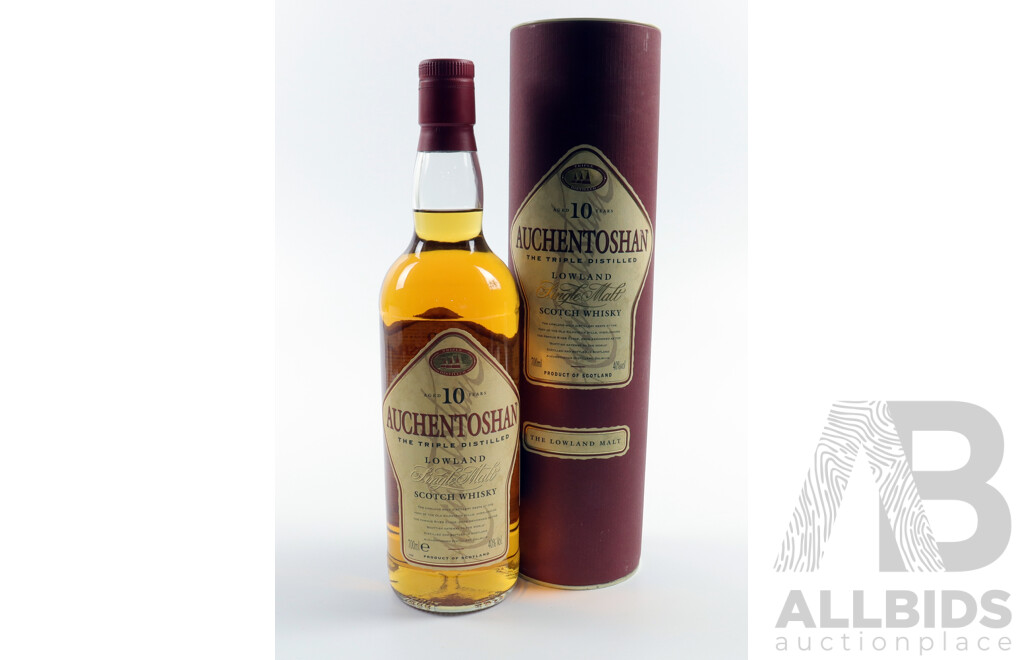 Auchentoshan Triple Distilled Lowland Single Malt 10 Years Old Scotch Whisky, 700ml Bottle in Original Cylinder