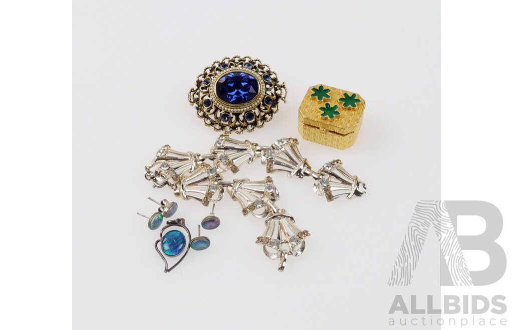 Beautiful Blue Paste Stone Brooch, Florenza Gold Plated & Green Enamel Box and Opal Triplet Studs (2) and Pendant
