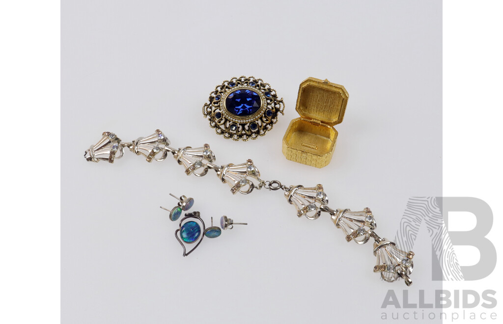 Beautiful Blue Paste Stone Brooch, Florenza Gold Plated & Green Enamel Box and Opal Triplet Studs (2) and Pendant