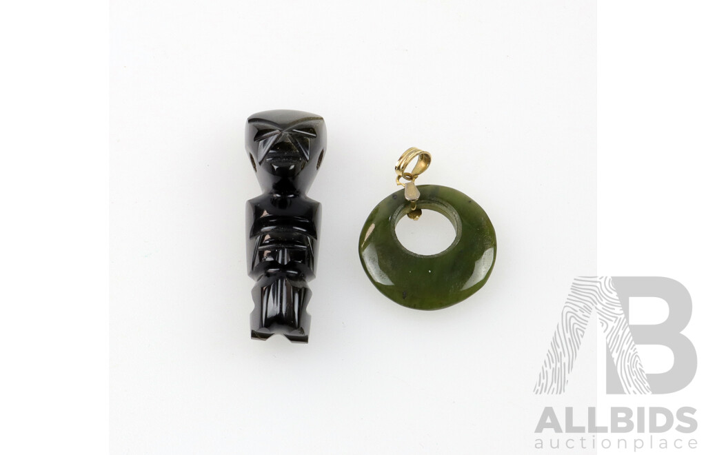 Aztec Warrior Gold Flake Obsidian Carved Pendant & Jade Circle Carved Pendant
