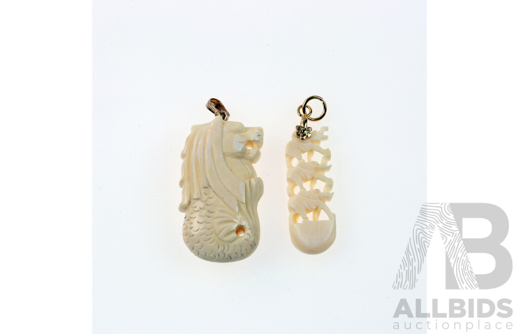 Vintage (2) Hand Carved Ivory Pendants, Dragon and Elephant Designs, Very Good Condition
