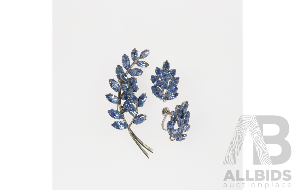 Pretty Vintage Silver Blue Stone Leaf Brooch and Matching Screw Back Clip on Earrings, No Hallmarks