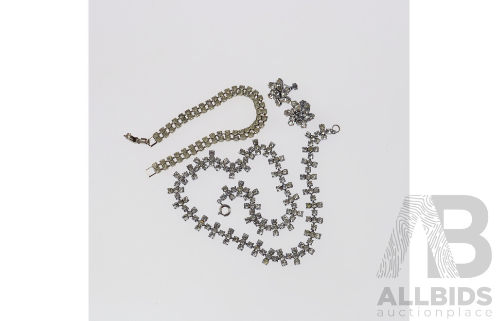 Vintage Rhinestone Necklace and Bracelet and Rhinestone Flower Screw Back Clip on Earrings