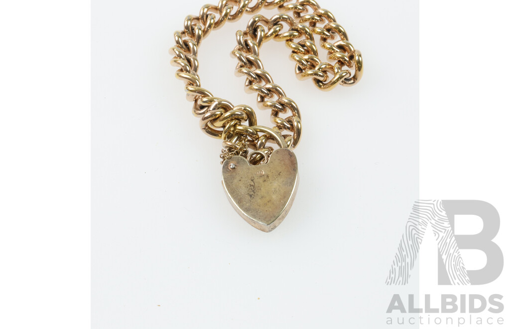 Sterling Silver Gold Plated Curb Link Heart Padlock Bracelet, 7.2mm Wide, 20cm, Hallmarked 925