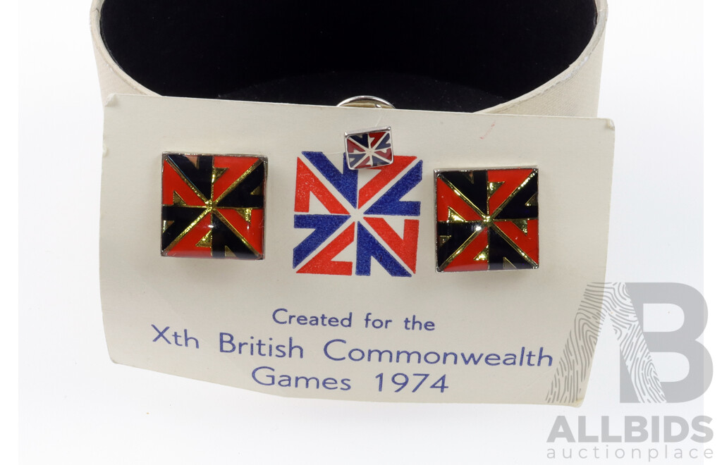 Xth British Commonwealth Games 1974 Cufflinks and Tie Pin on Original Presentation Card and Box