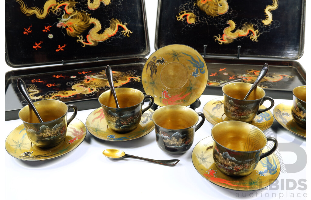 Vintage Chinese Black and Gold Lacquer Tea Set with Set Four Graduating Trays with Dragon Decoration