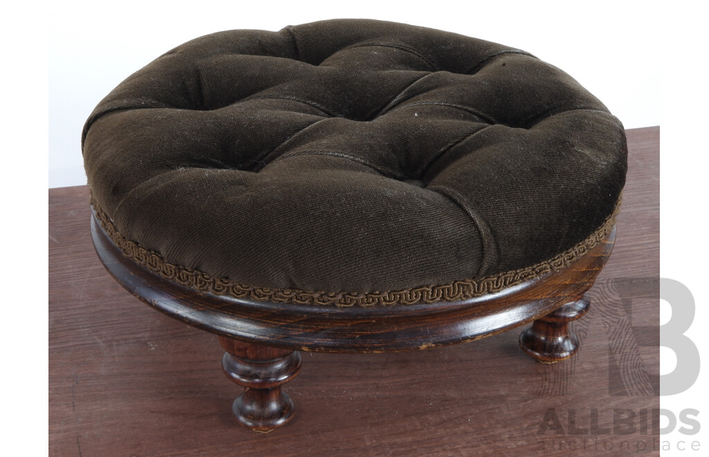 Vintage Walnut Footstool with Button Upholstery