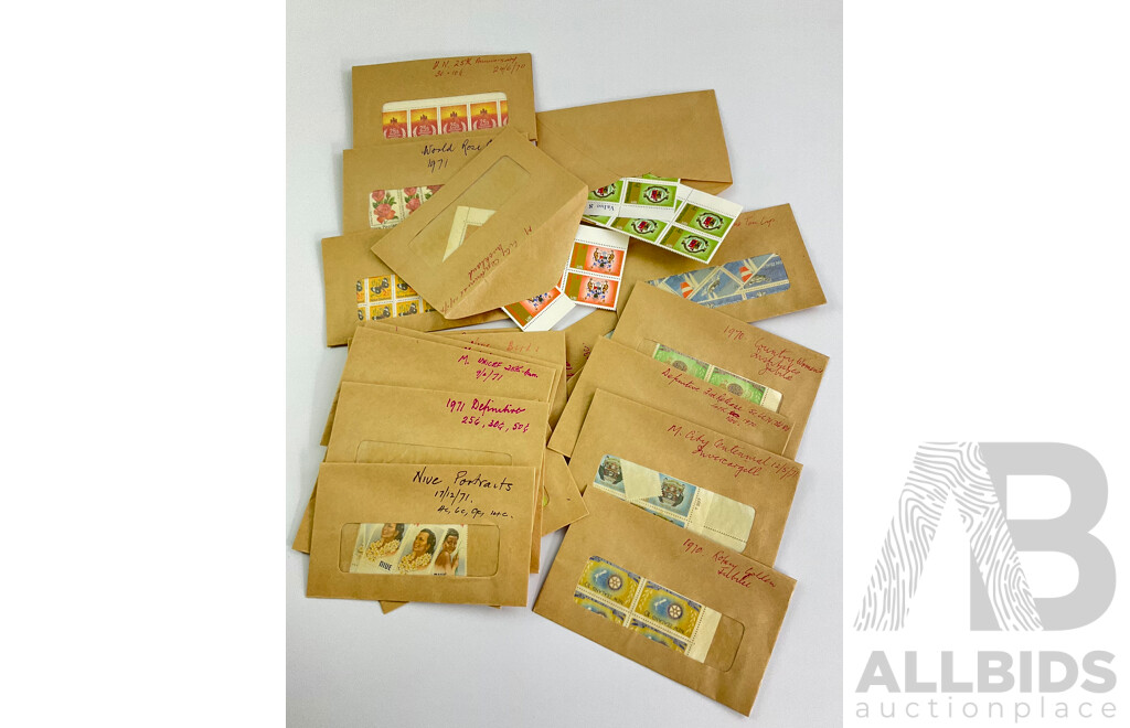 Collection of New Zealand 1970-71-72- Mint Stamps and Blocks Including Rotary Golden Jubilee, UN 25th Anniversary, UNICEF 25th Anniversary, Vintage Car Set and More
