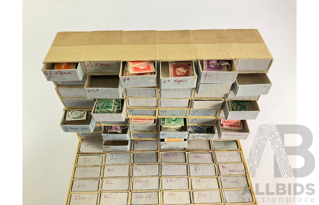 Collection of New Zealand Predecimal and Decimal Cancelled Stamps Including KGVI, QE2, and Many More in Matchbox Storage Stack