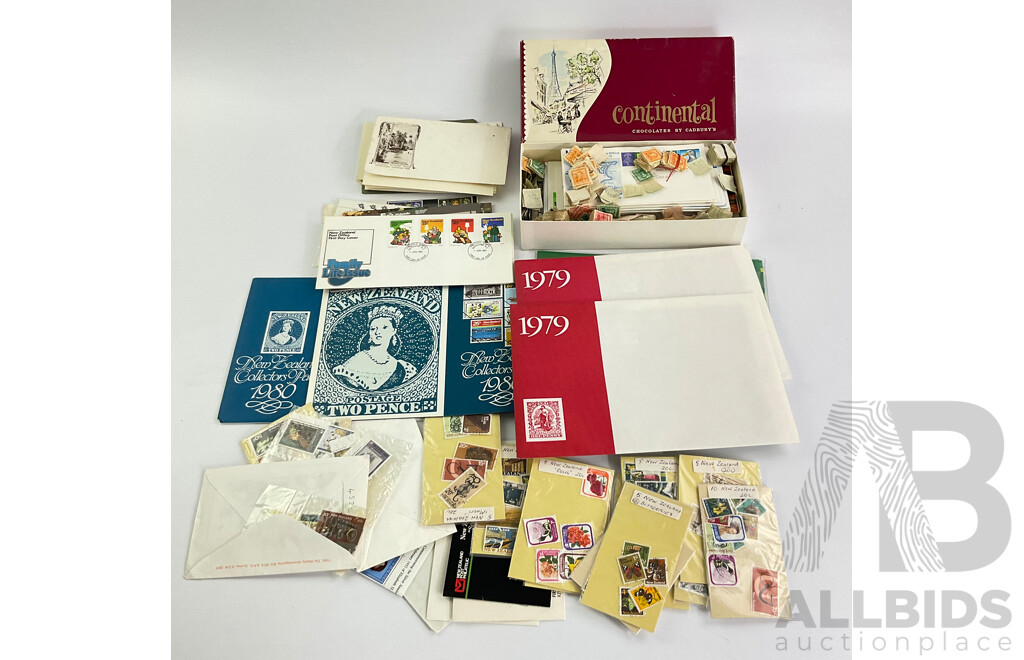 Collection of New Zealand 1970's First Day Covers, Stamp Packs and Cancelled Predecimal Stamps, Includes Some International Cancelled Stamps and Vintage Cadbury's Chocolate Box