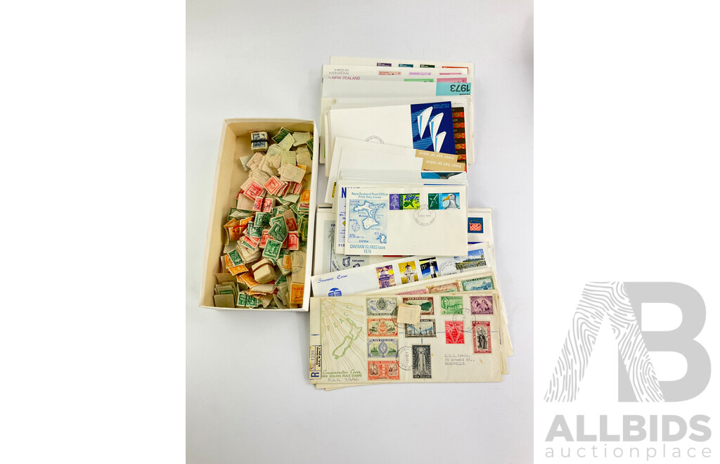 Collection of New Zealand 1970's First Day Covers, Stamp Packs and Cancelled Predecimal Stamps, Includes Some International Cancelled Stamps and Vintage Cadbury's Chocolate Box