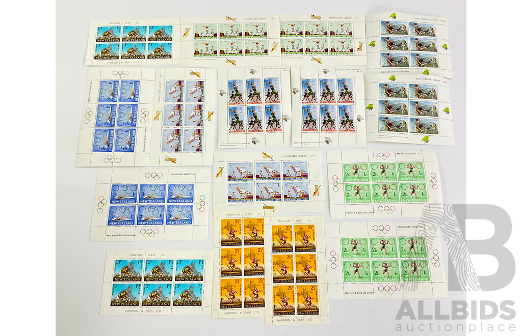Collection of New Zealand Stamp Mini Sheets 1967 Health (Rugby) 1968 Olympics (Running, Swimming) 1969 Health (Cricket) 1970 Health (Netball, Soccer) -  16 Sheets