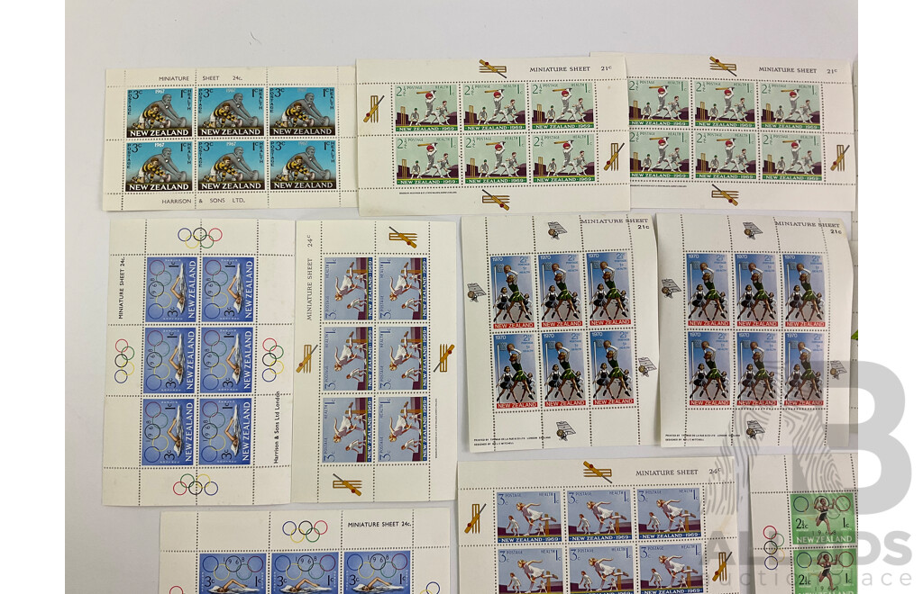 Collection of New Zealand Stamp Mini Sheets 1967 Health (Rugby) 1968 Olympics (Running, Swimming) 1969 Health (Cricket) 1970 Health (Netball, Soccer) -  16 Sheets