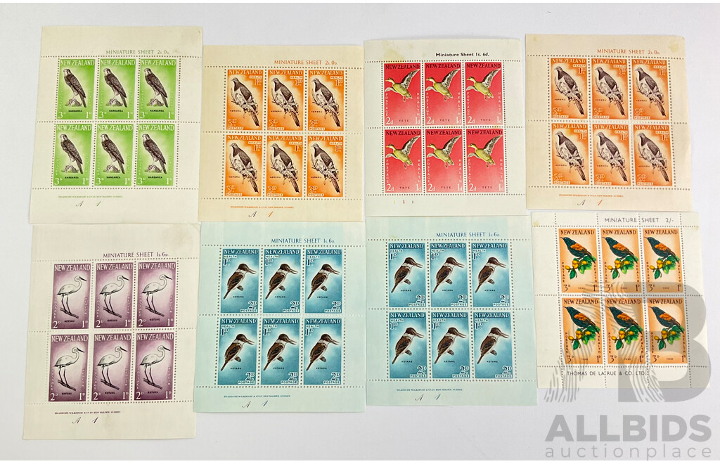 Collection of New Zealand Predecimal Stamp Mini Sheets, Birds Kotuku, Tete, Karearea, Tieke, Kereru, Kotare - 8 Sheets