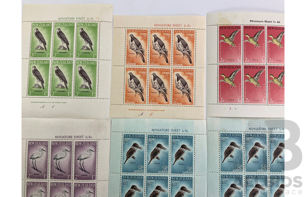 Collection of New Zealand Predecimal Stamp Mini Sheets, Birds Kotuku, Tete, Karearea, Tieke, Kereru, Kotare - 8 Sheets