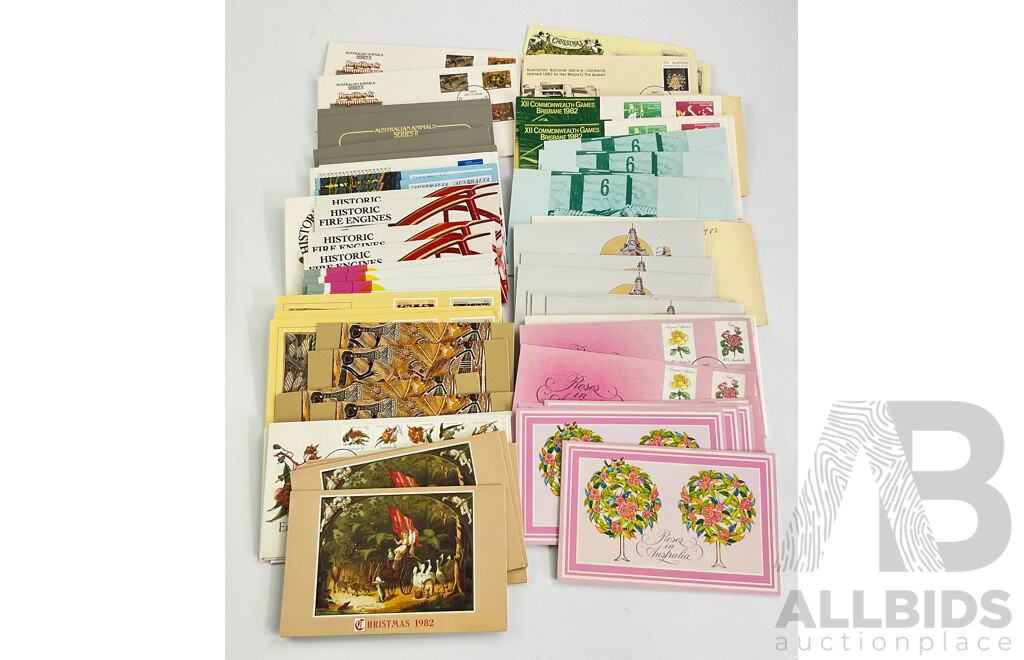 Collection of Australian 1982 and 1983 First Day Covers and Stamp Packs Including 1982 Commonwealth Games, Aboriginal Culture, Music and Dance, Veteran and Vintage Cars and More
