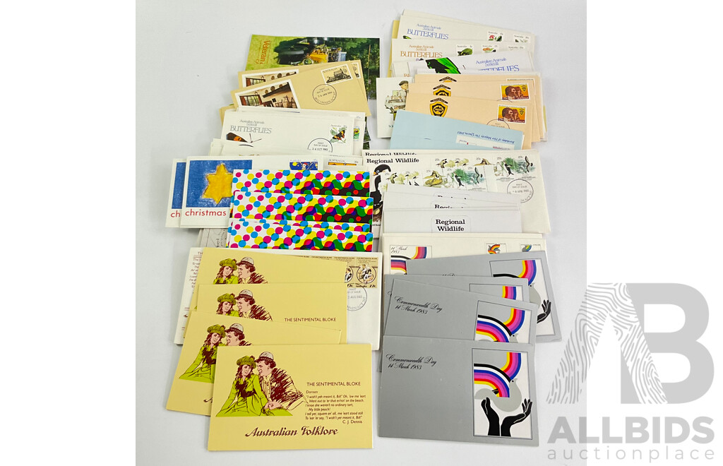 Collection of Australian 1982 and 1983 First Day Covers and Stamp Packs Including 1982 Commonwealth Games, Aboriginal Culture, Music and Dance, Veteran and Vintage Cars and More