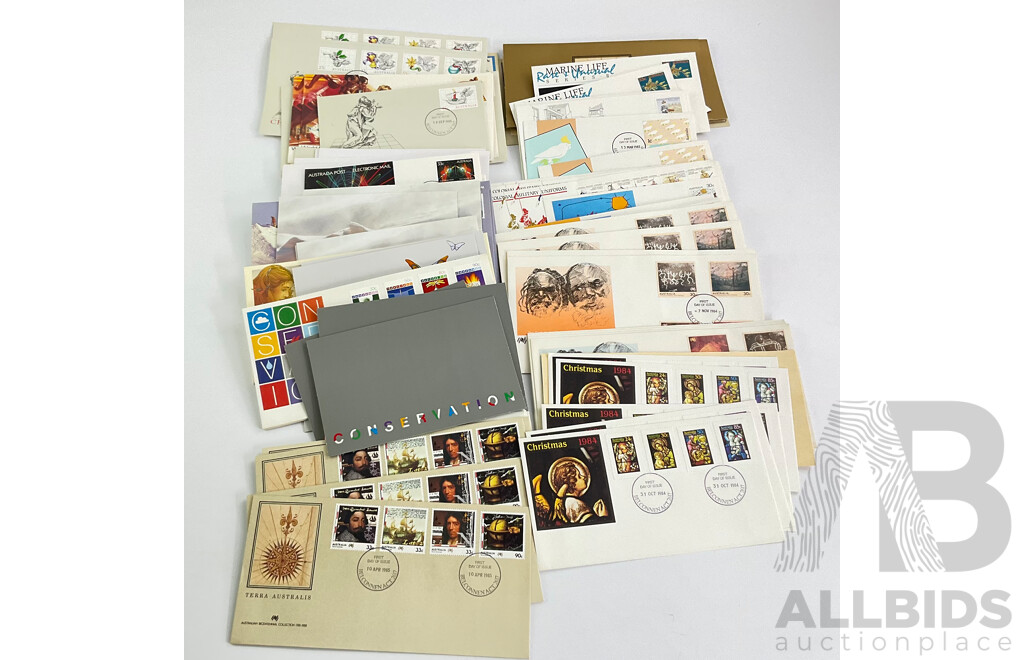 Collection of Australian 1984 and 1985 First Day Covers and Stamp Packs Including Antarctic Series One, Olympic Games 1984, Terra Australis, Polly Woodside and More