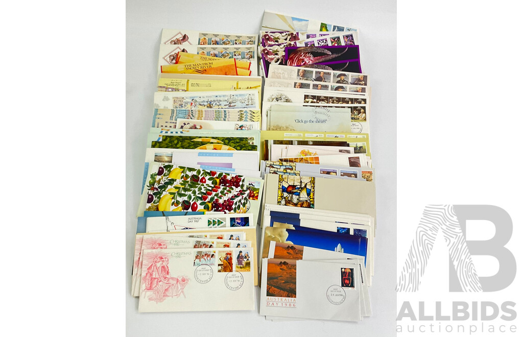 Collection of Australian 1986 and 1987 First Day Covers and Stamp Packs Including QE2 60th Birthday, 'Click Go the Shears' Australian Native Orchids, International Year of Peace  and More