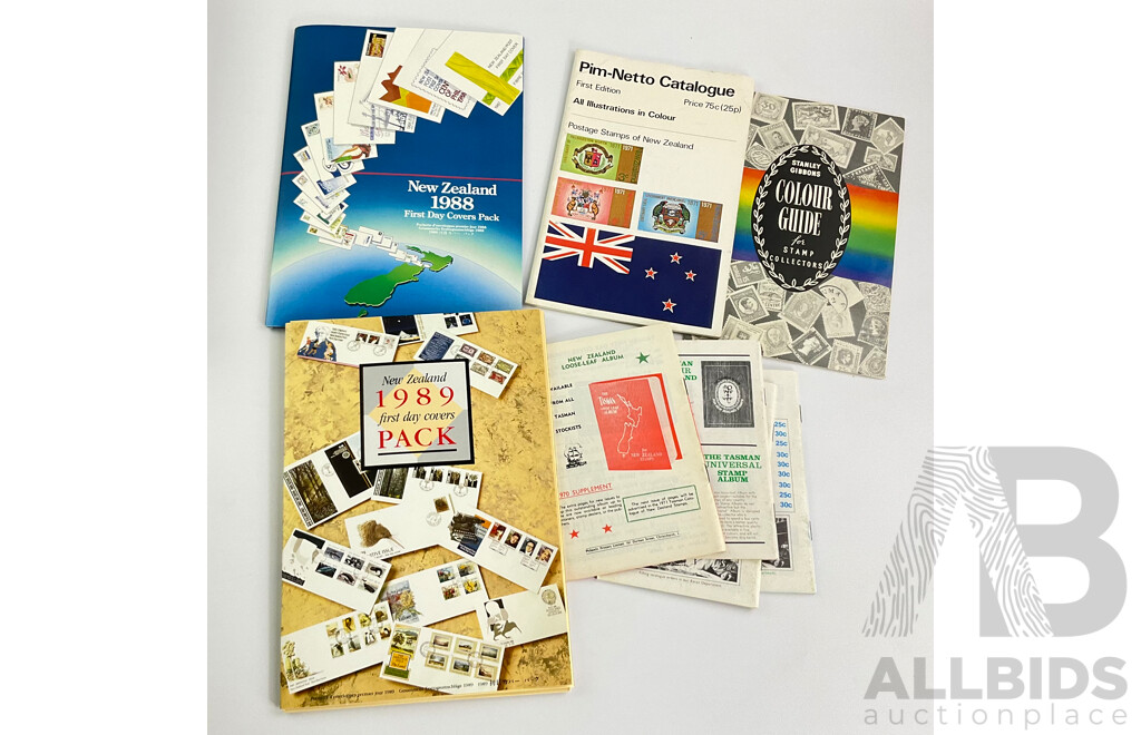 New Zealand Cancelled Pre Decimal/Decimal and Australian Decimal Stamp Albums with New Zealand Australian, British Stamp Catalogues