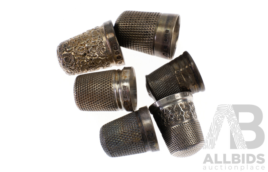 Collection Six Antique Sterling Silver English Thimbles Including Chester, Birmingham and More