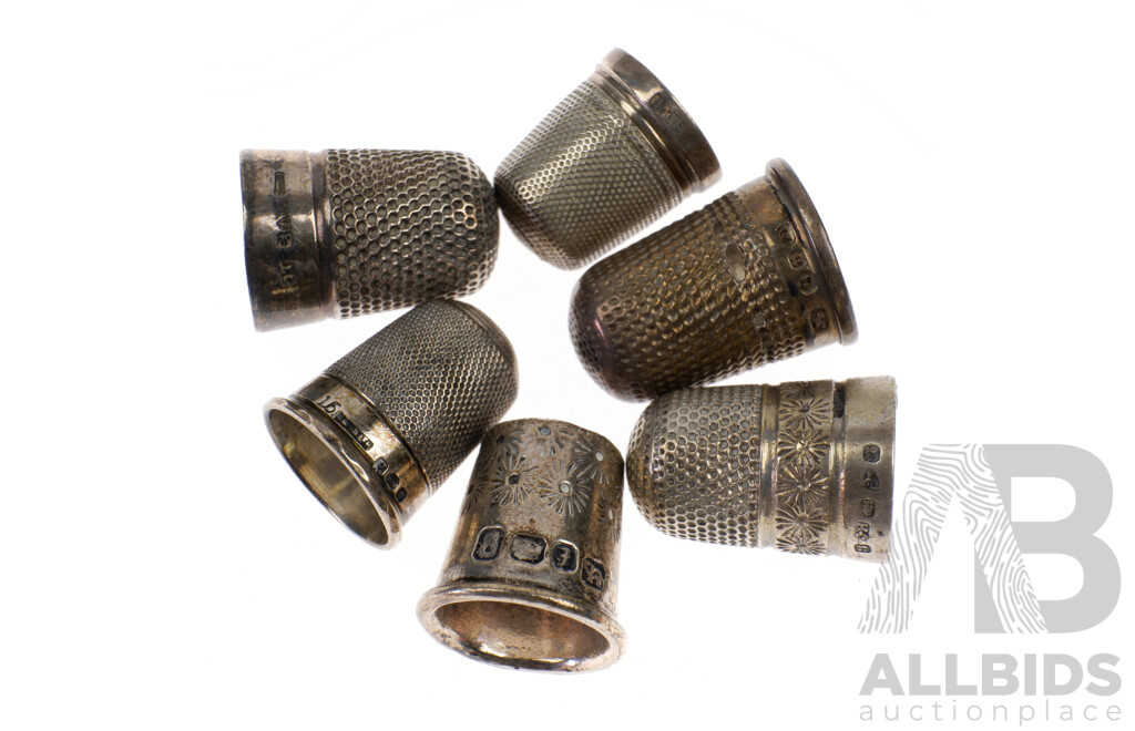 Collection Six Antique Sterling Silver English Thimbles Including Chester 1912, Birmingham and More