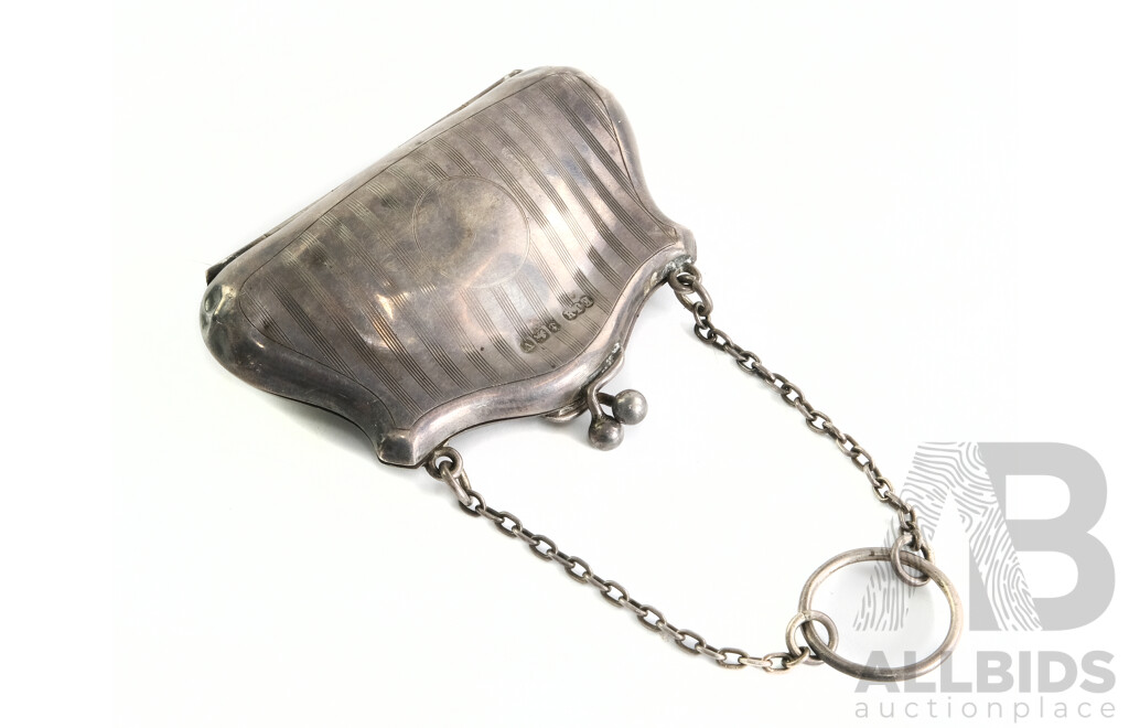 Antique Sterling Silver Ladies Coin Purse with Two Leather Lined Compartments, Birmingham 1920