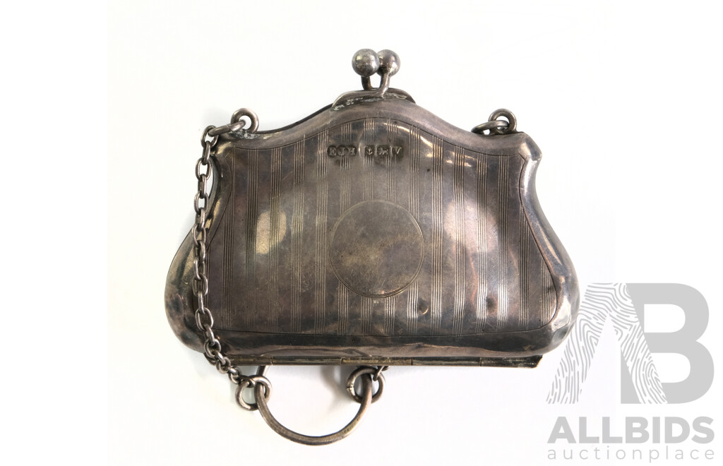 Antique Sterling Silver Ladies Coin Purse with Two Leather Lined Compartments, Birmingham 1920