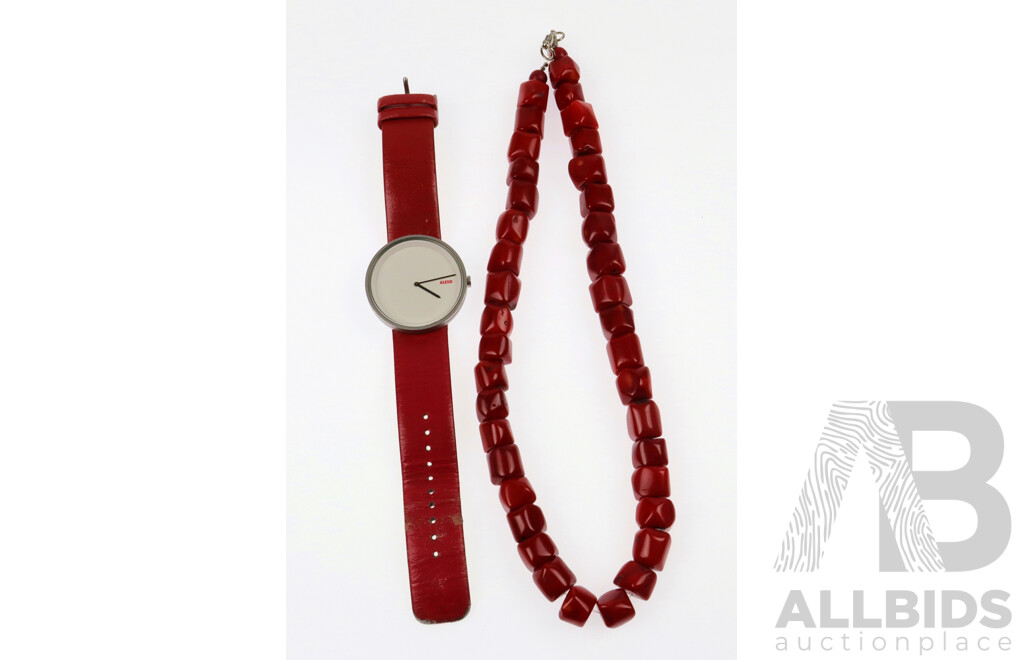 Funky Red Stone Bead Necklace 55cm & 'Out of Time' Alessi Watch 40mm