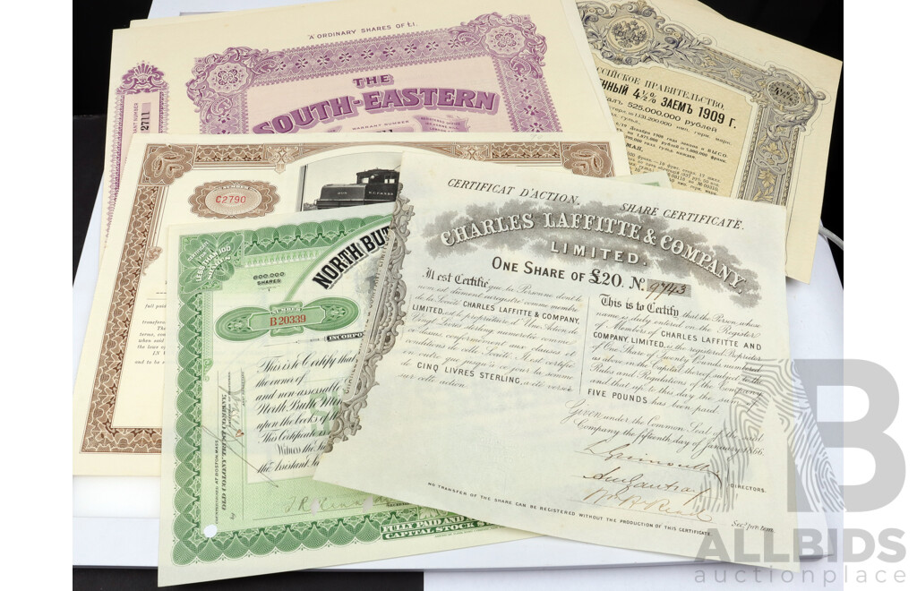 Collection of Vintage Shares Certificates Including North Butte Mining Company, Waterloo, Cedar Falls & Northern Railroad, Charles Laffitte & Company, South Eastern Gold Mining and Russian Example