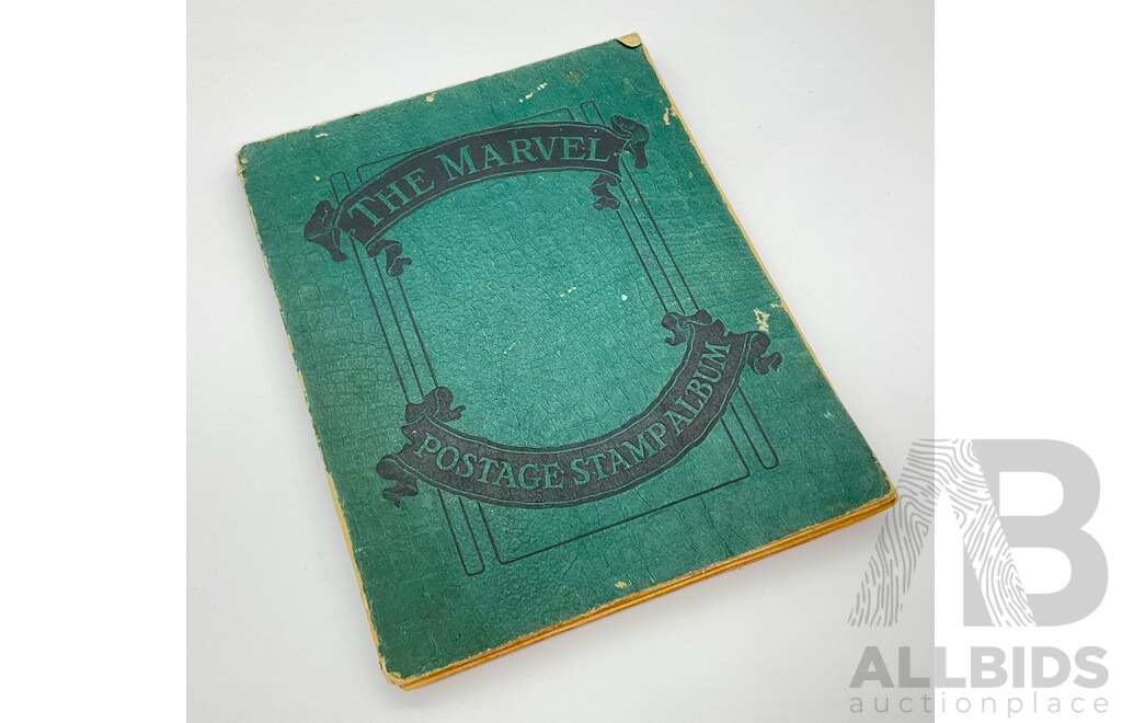 Vintage Marvel Postage Stamp Album Hinged and Cancelled Including Pre Decimal Australia and New Zealand, Two and Five Cent George Washington