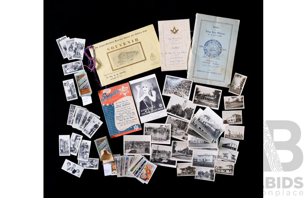 Collection of Vintage Collectables Including 1937 Royalty and 1939 Flowers Wild Woodbine Cigarette Card Packs, Photographs of Dawin Showing Damage After WW2..
