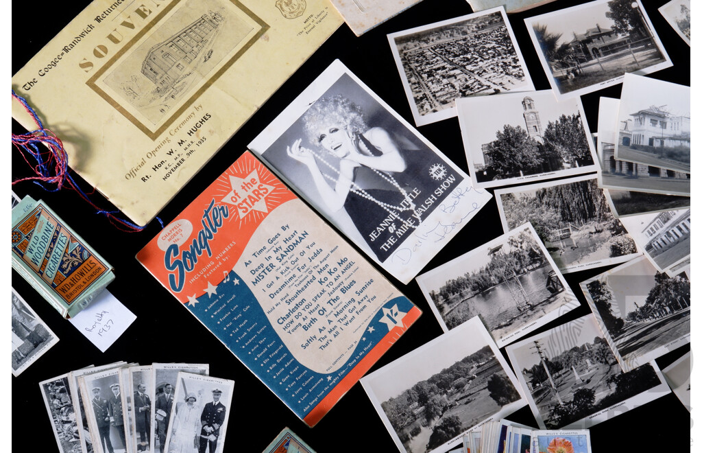 Collection of Vintage Collectables Including 1937 Royalty and 1939 Flowers Wild Woodbine Cigarette Card Packs, Photographs of Dawin Showing Damage After WW2..