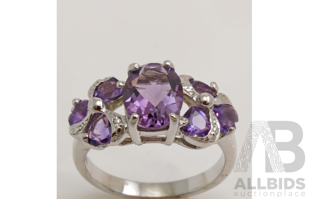 Sterling Silver Ring - Natural Amethysts