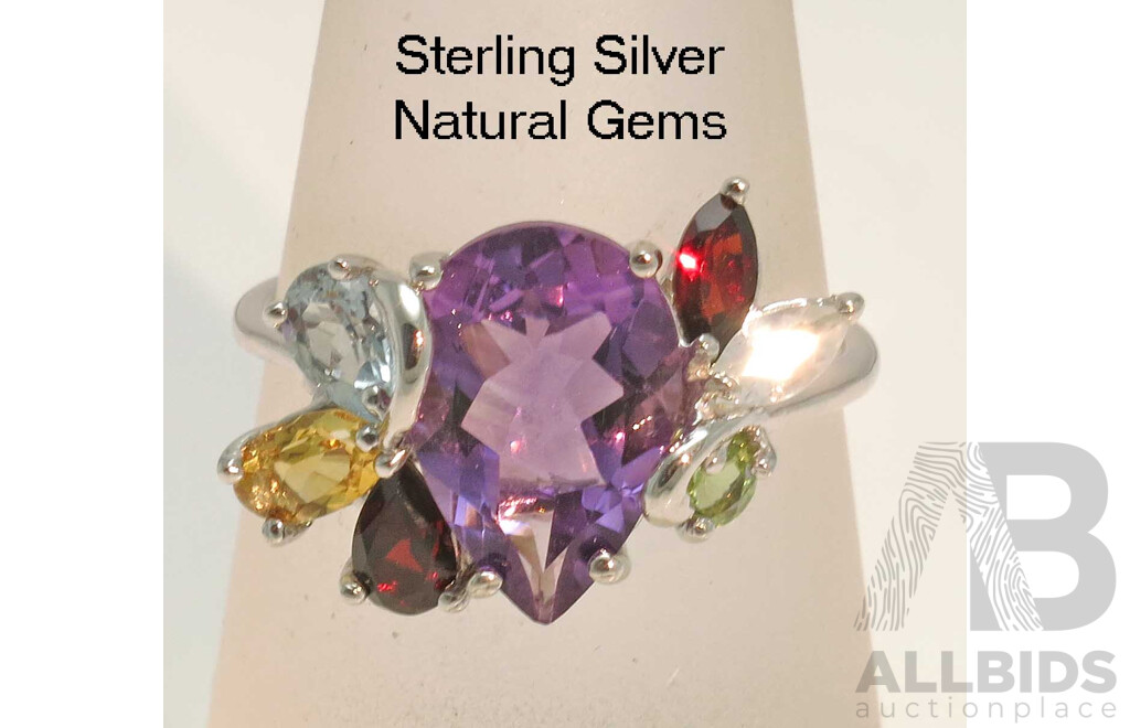 Sterling Silver Ring set with Facetted Natural gems