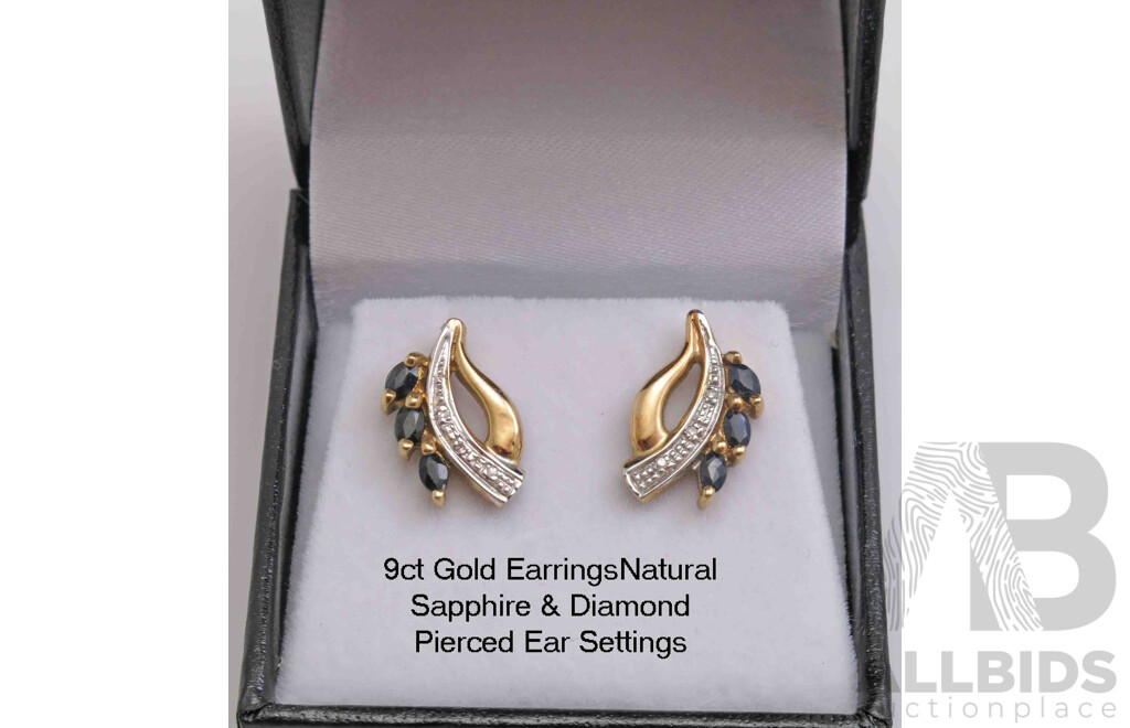 9ct Gold Earrings - Natural Sapphires & Diamonds