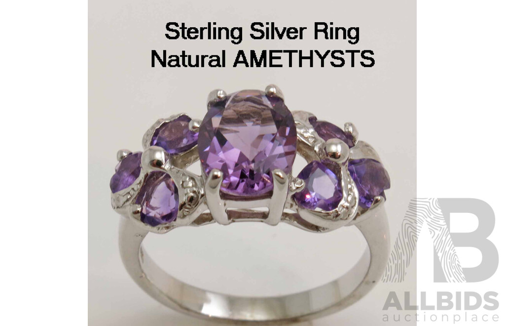 Sterling Silver Ring - set with Natural Amethysts