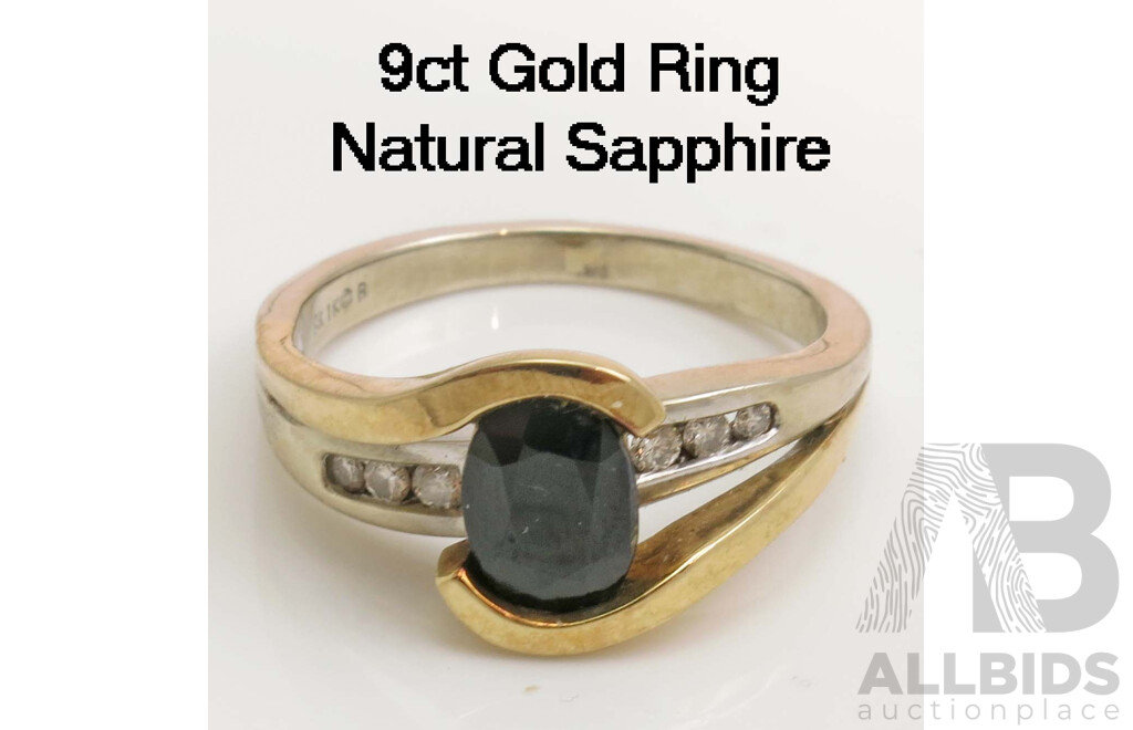 9ct Gold Ring: Natural Sapphire & Diamond Set Ring