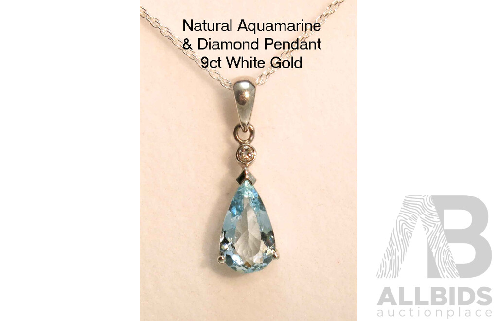 9ct White Gold pendant - Natural Aquamarine & Diamond