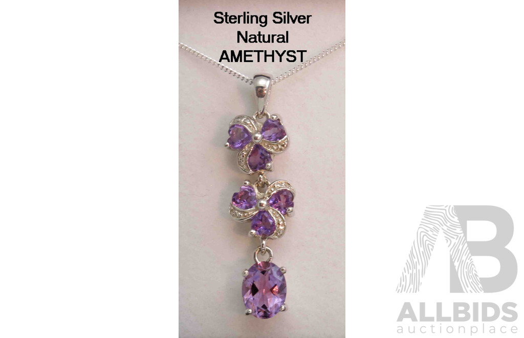 Sterling Silver Pendant - Natural Amethysts