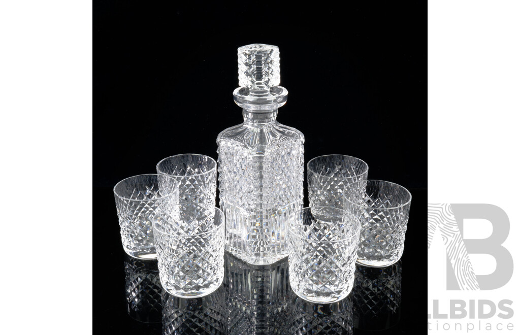 Vintage Waterford Crystal Decanter with Stopper and Set Six Waterford Crystal Whisky Tumblers