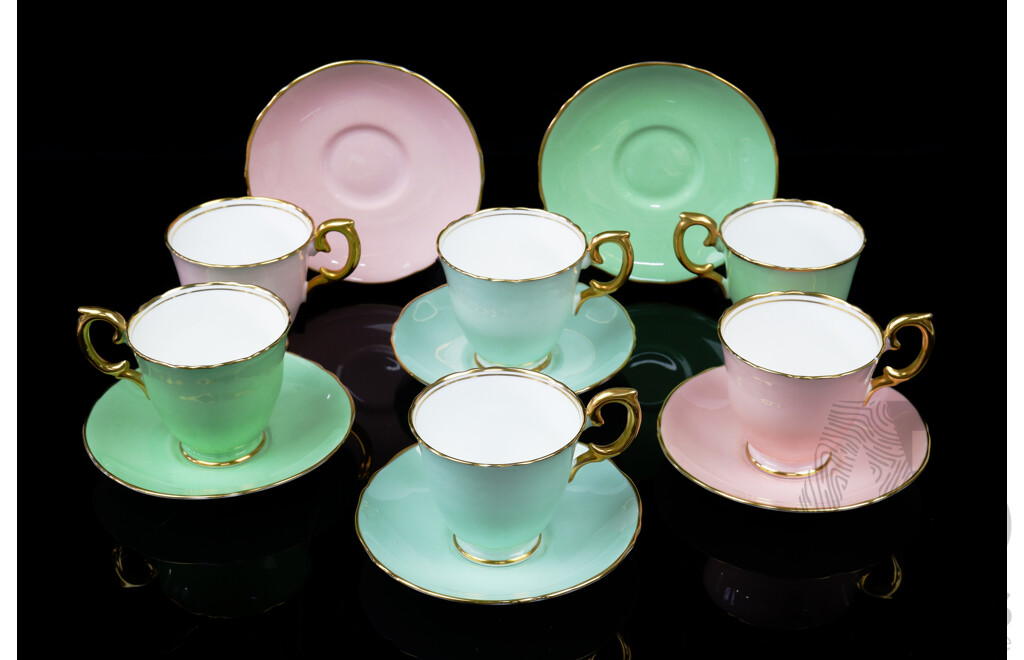 Vintage Crown Staffordshire Green & Pink Porcelain Set of Four Duos