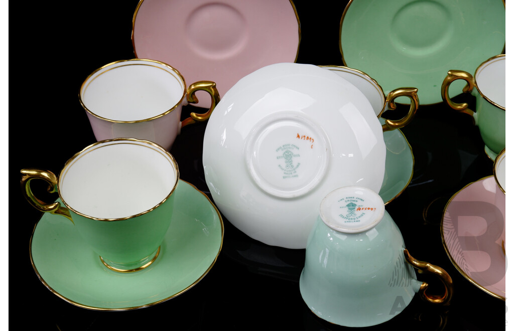 Vintage Crown Staffordshire Green & Pink Porcelain Set of Four Duos