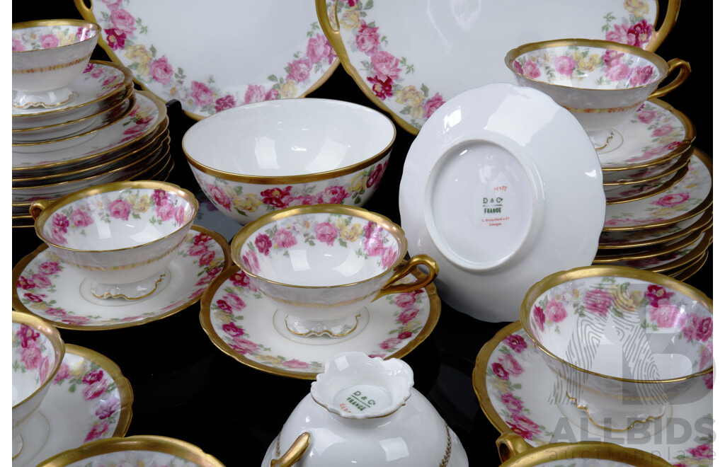 Vintage French D & Co Limoges Porcelain 38 Piece Tea Service with Hand Painted Flower Motif to Rim