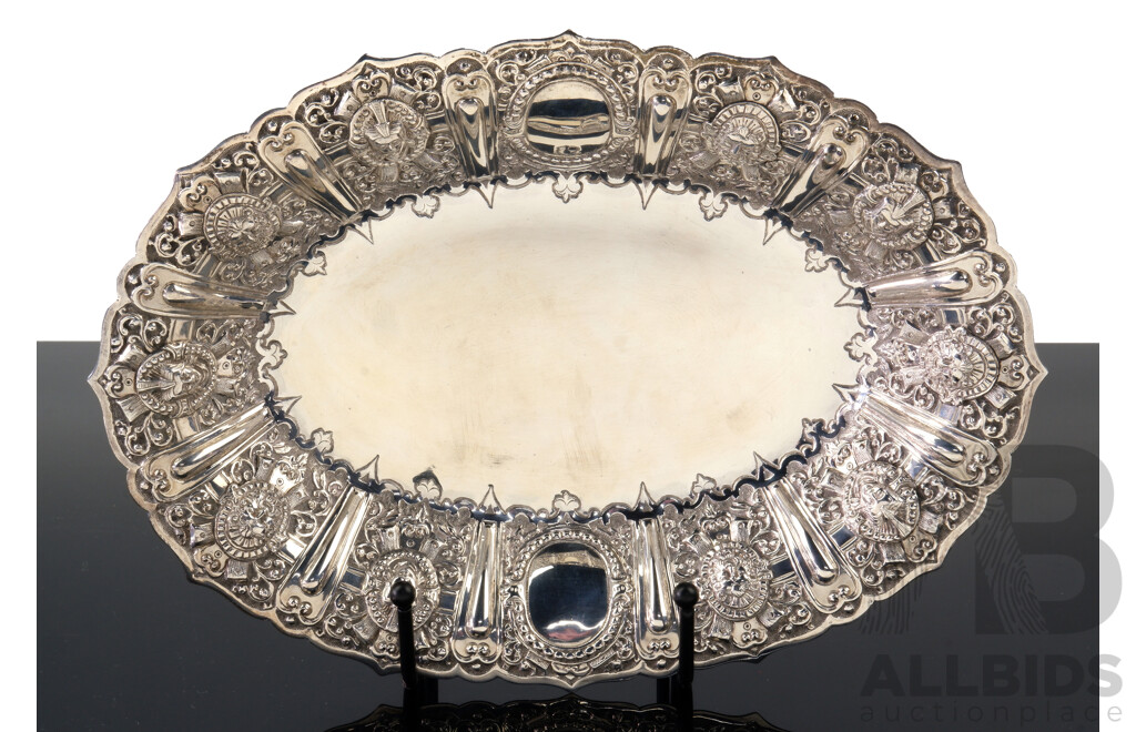 Antique Sterling Silver Oval Dish with Heavily Repoussed Inner Edge with Fluted Edge, Glasgow, 1894