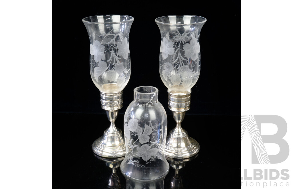 Pair Vintage Sterling Silver Candle Holders with Three Etched Glass Chimneys, Birmingham 1965